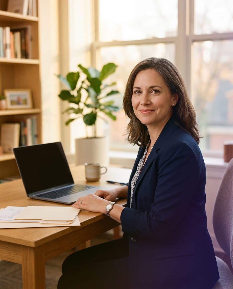 A credit professional at their desk by a sunny window, smiling at the camera.