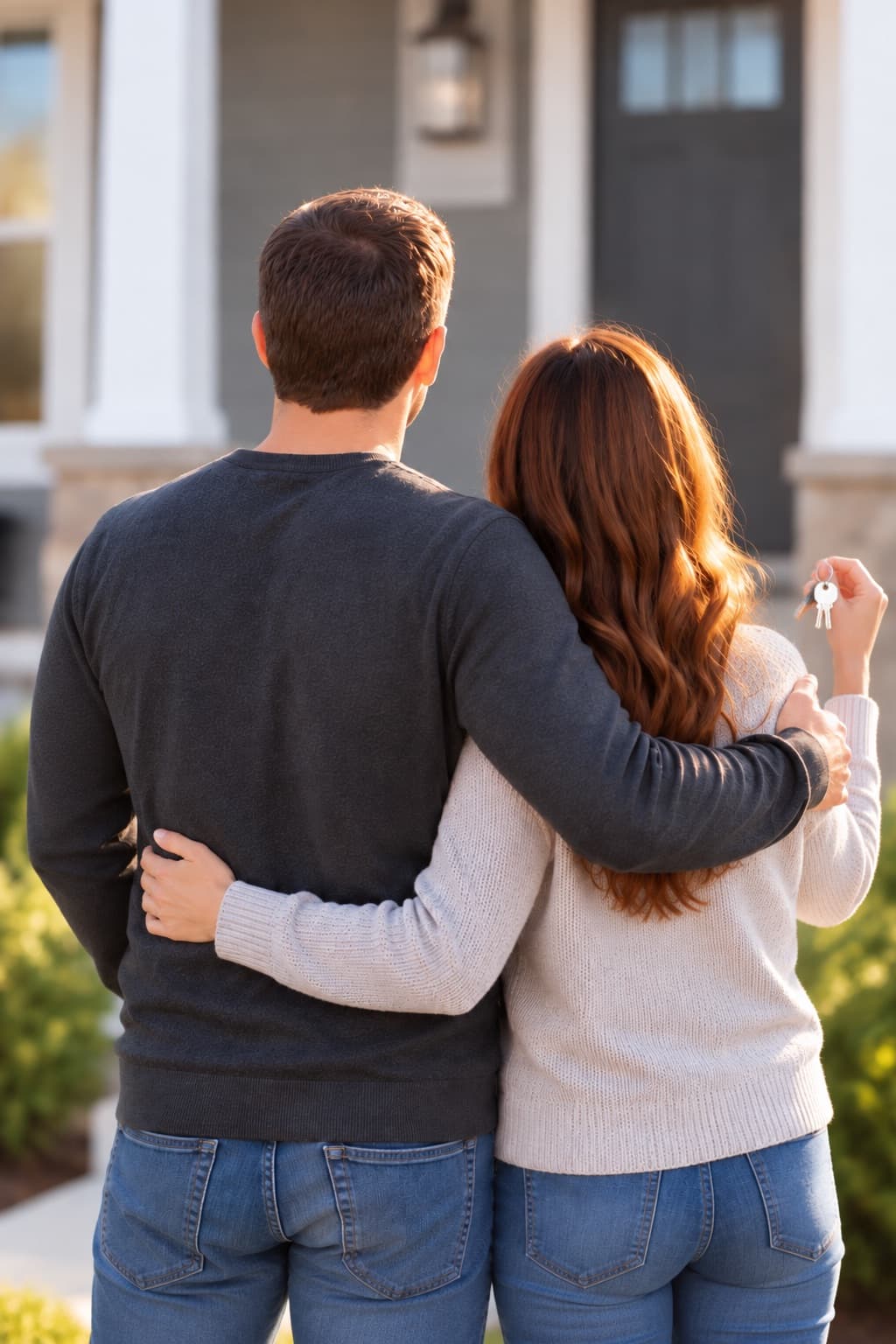 A couple standing together on their front step, seen from behind, one of them holding a set of keys.